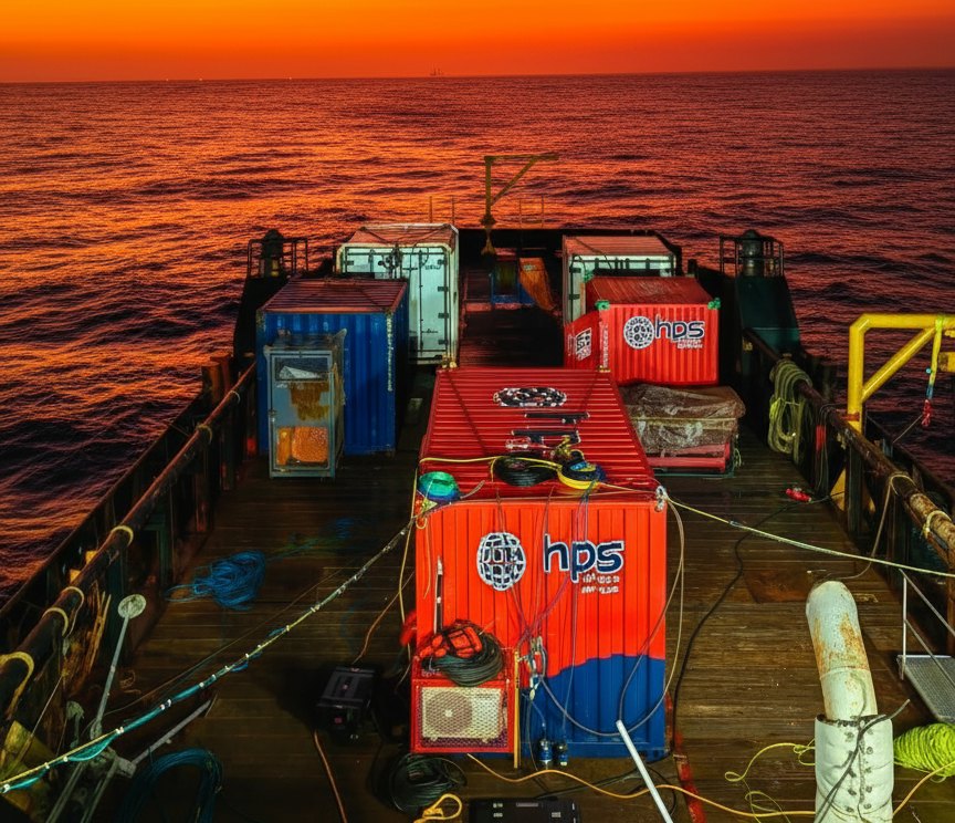 Contenedores de operación de HPS a bordo, zarpe al atardecer en la Sonda de Campeche