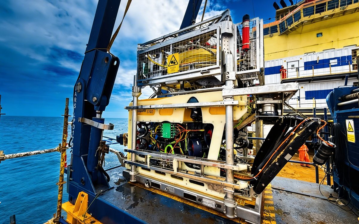 ROV Saab Seaeye Leopard en cubierta, listo para lanzamiento